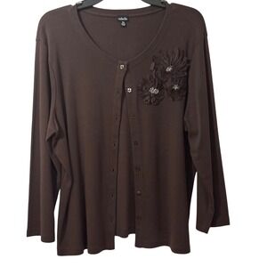 Rafaella XL Brown Floral Embellished Button Down Cardigan Sweater